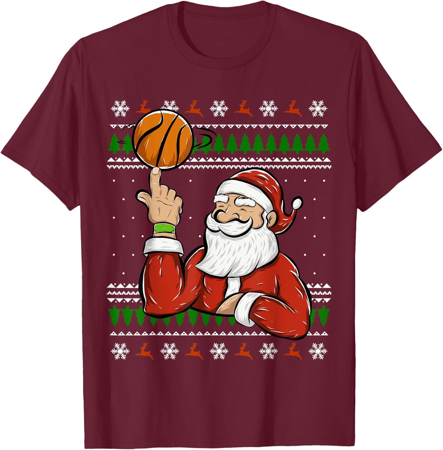 Santa Playing Basketball | Christmas Ugly Sweater T-Shirt - T-Shirt | Maroon