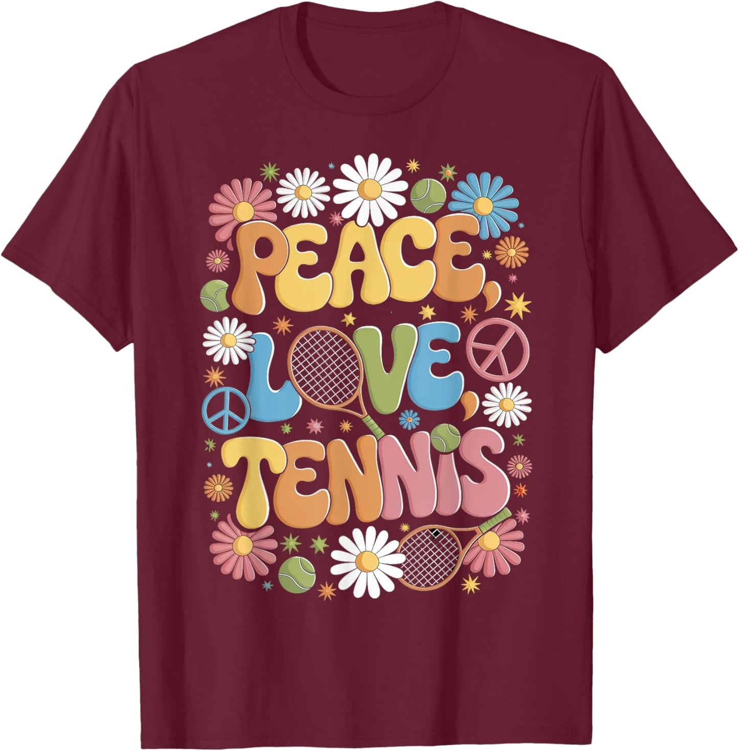 Peace Love Tennis 60s 70s Hippie Retro Tennis player T-Shirt - T-Shirt | Maroon