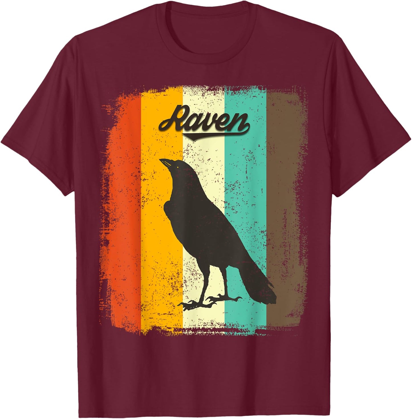 Raven Retro 70s Vintage Bird Lover Art T-Shirt - T-Shirt | Maroon