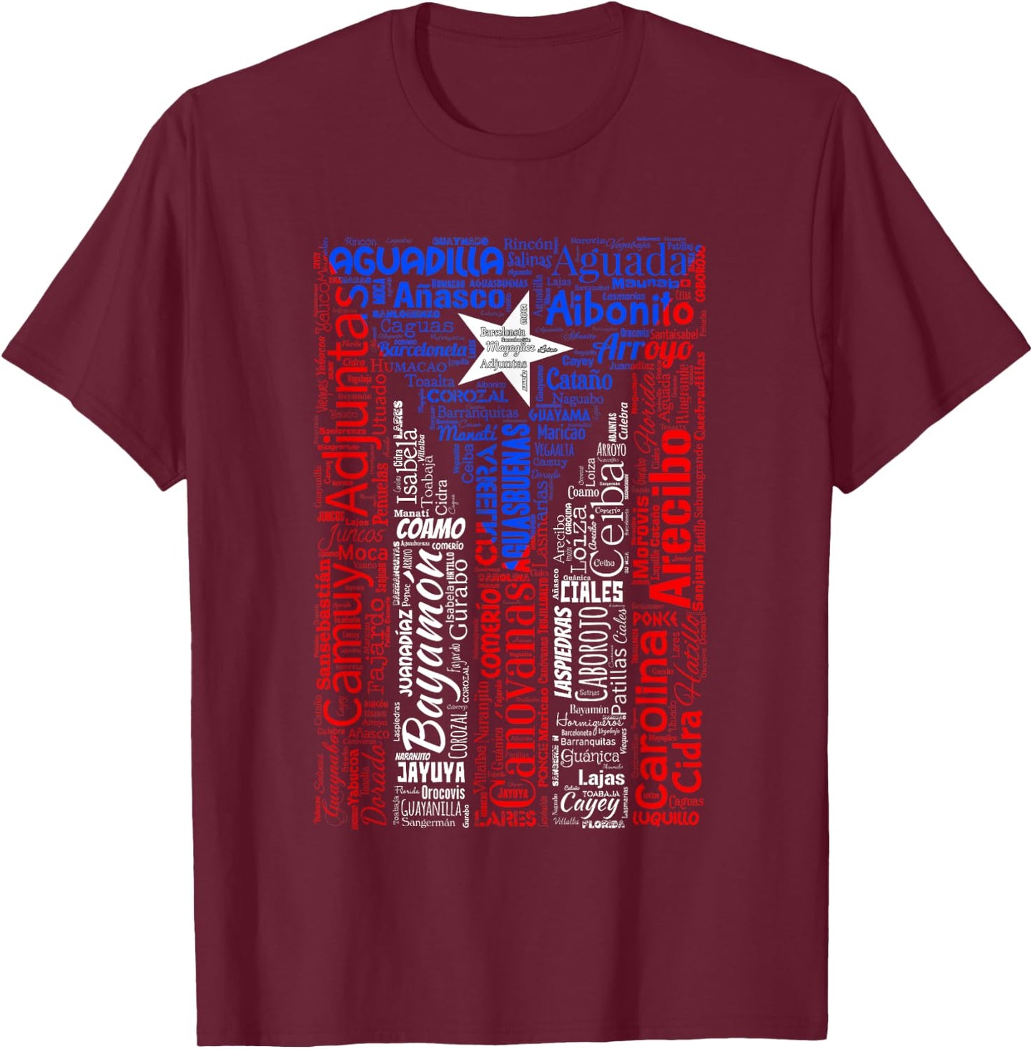 Puerto Rican Flag Shirt with Towns and Cities of Puerto Rico T-Shirt - T-Shirt | Maroon