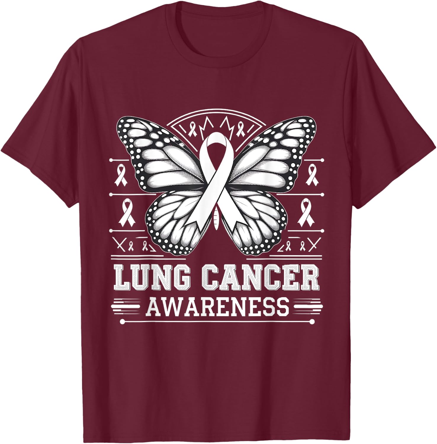Butterfly Lung Cancer Awareness Month Support White Ribbon T-Shirt - T-Shirt | Maroon