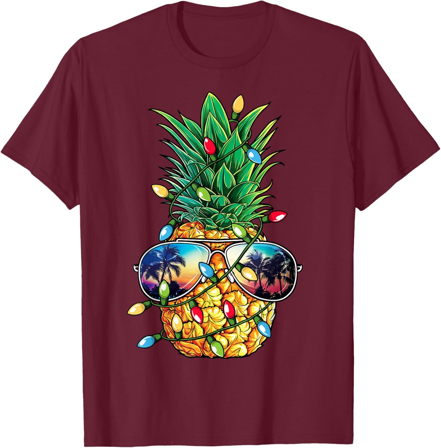 Pineapple Christmas Tree Lights Xmas Women Boys Sunglasses T-Shirt - T-Shirt | Maroon