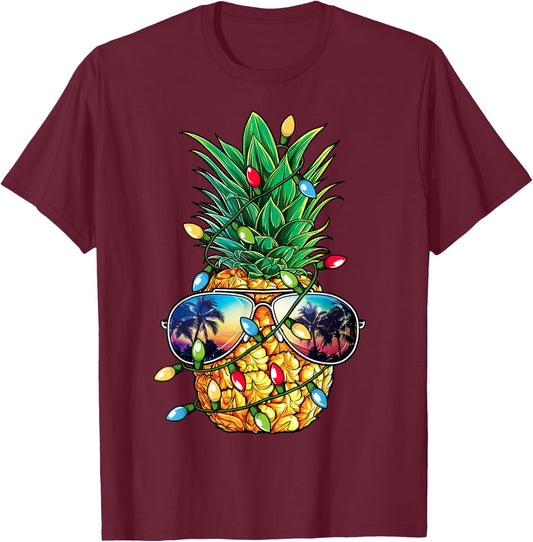 Pineapple Christmas Tree Lights Xmas Women Boys Sunglasses T-Shirt - T-Shirt | Maroon