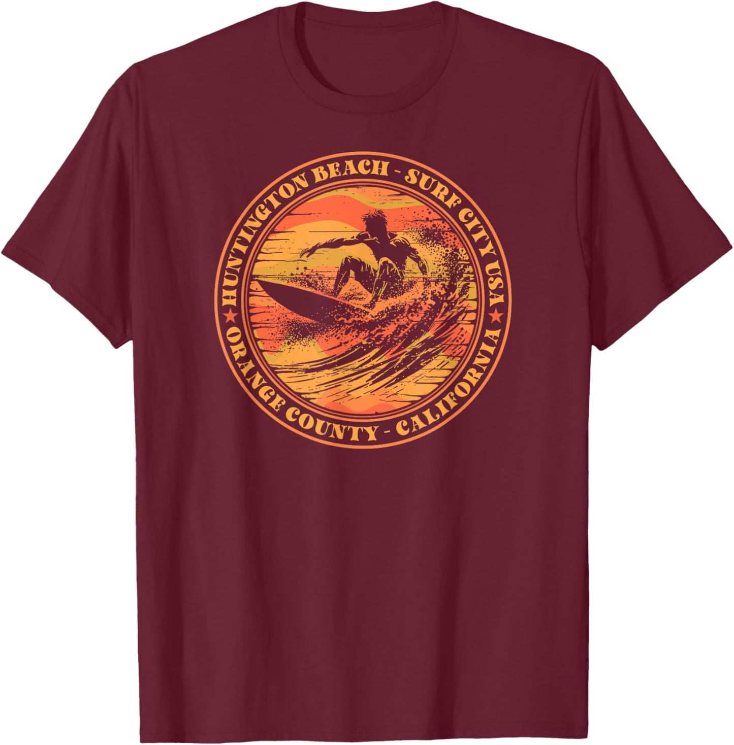 Cool Surf City USA, Huntington Beach, California Surfer Vibe T-Shirt - T-Shirt | Maroon