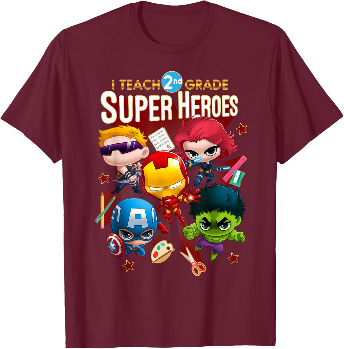 Marvel Group Shot I Teach 2nd Grade Super Heroes T-Shirt - T-Shirt | Maroon