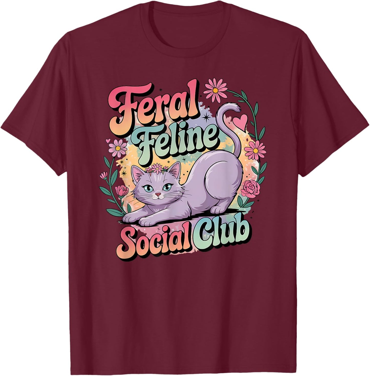 Feral Feline Social Club Pastel Cat & Girls T-Shirt - T-Shirt | Maroon