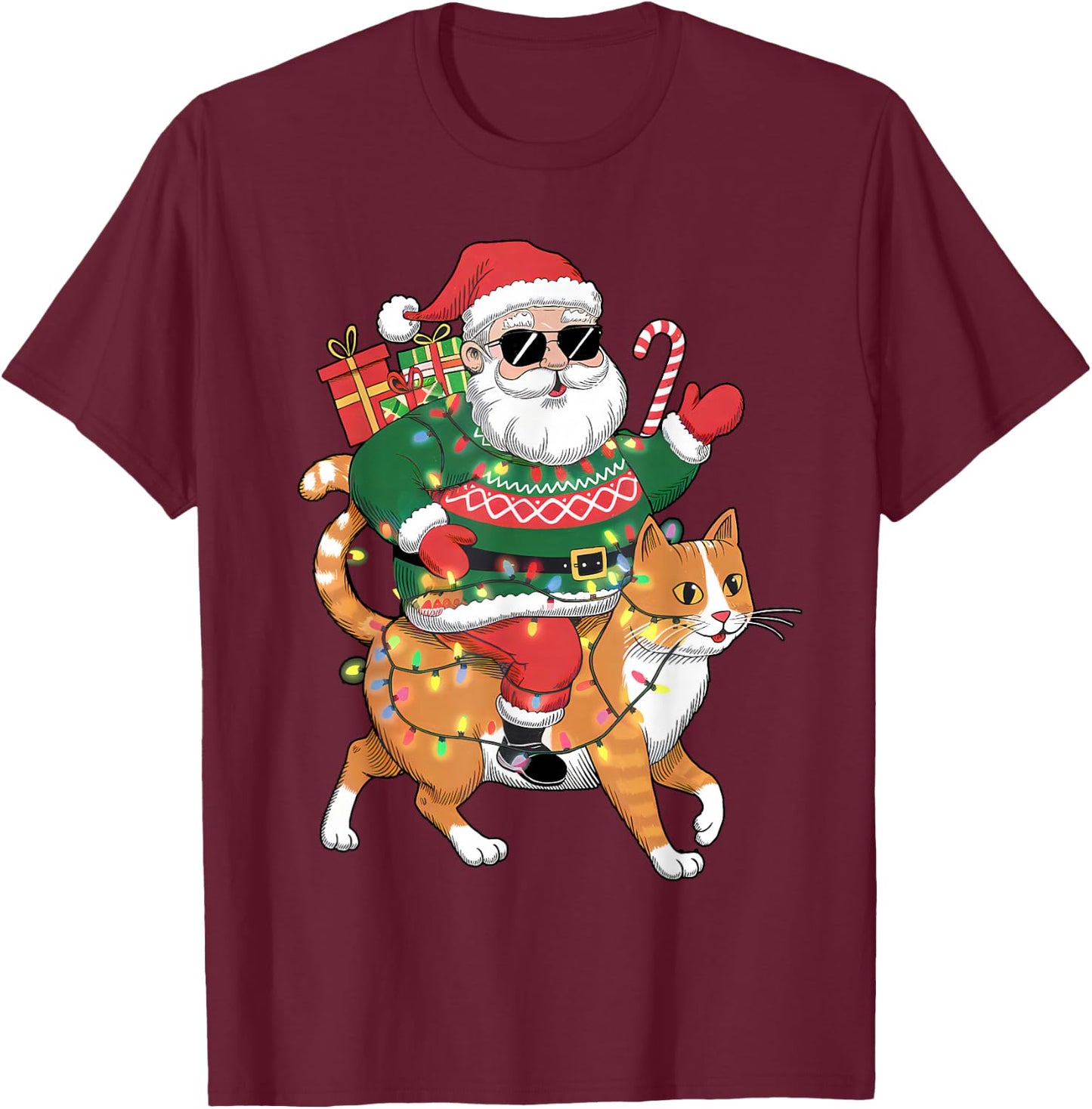 Merry Christmas Santa Claus Riding Cat Funny Christmas T-Shirt - T-Shirt | Maroon