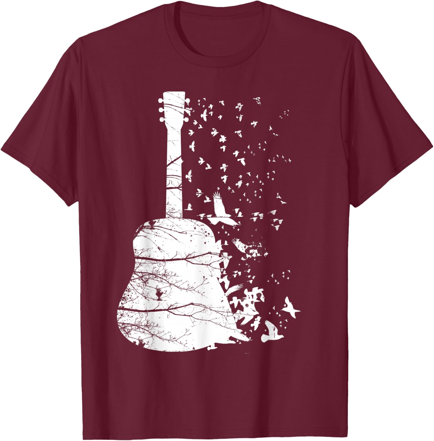 Fantastic Nature Guitar with Flying Birds T-Shirt - T-Shirt | Maroon
