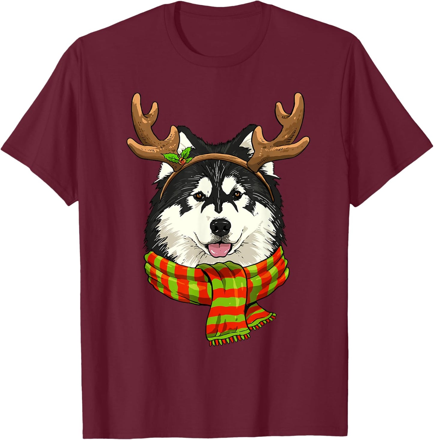 Alaskan Malamute Reindeer Christmas Shirt Xmas Pet Dog Lover T-Shirt - T-Shirt | Maroon