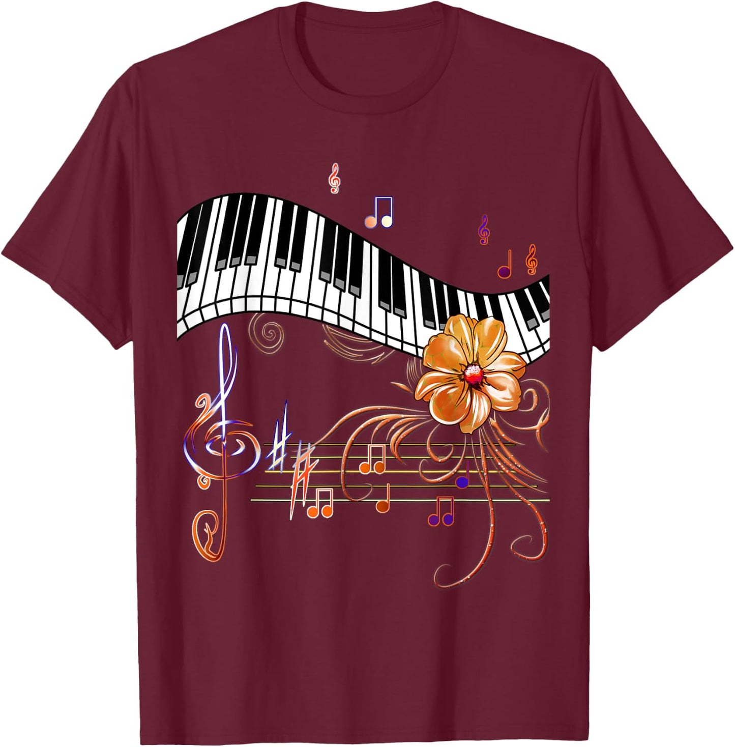 Piano Musically Keyboard Gold Flower T-Shirt - T-Shirt | Maroon