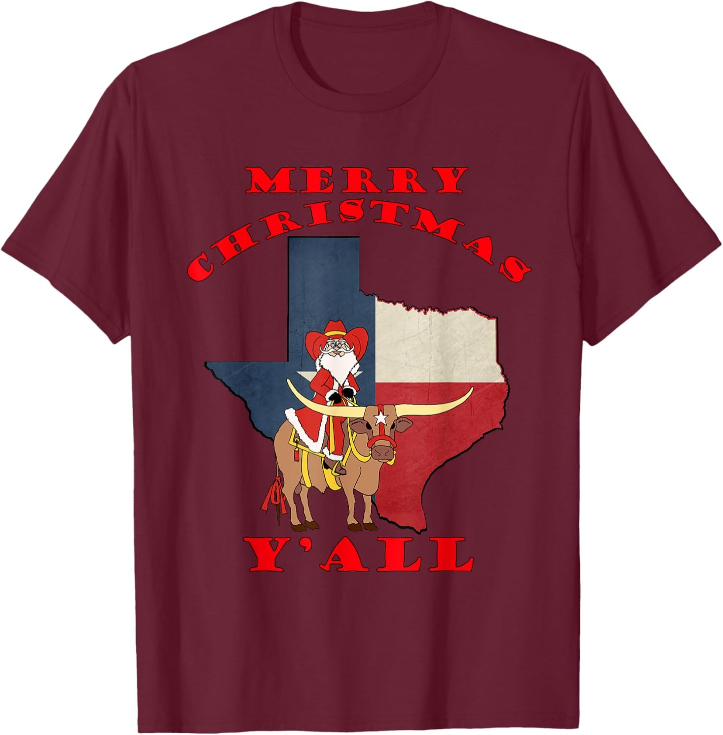 Texas Merry Christmas Y'all Santa On Bull Design T-Shirt - T-Shirt | Maroon
