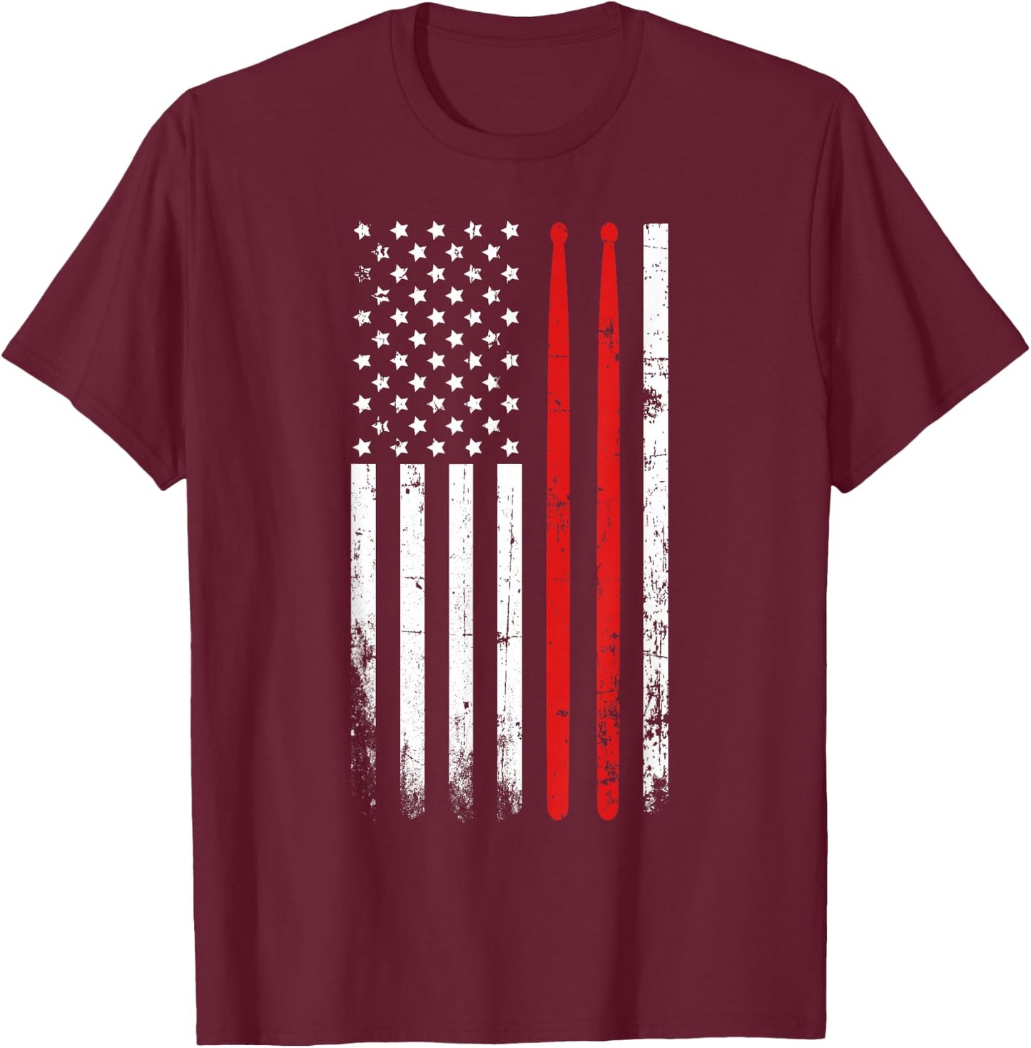 Drum Sticks on a Vintage American Flag for Drummers T-Shirt - T-Shirt | Maroon
