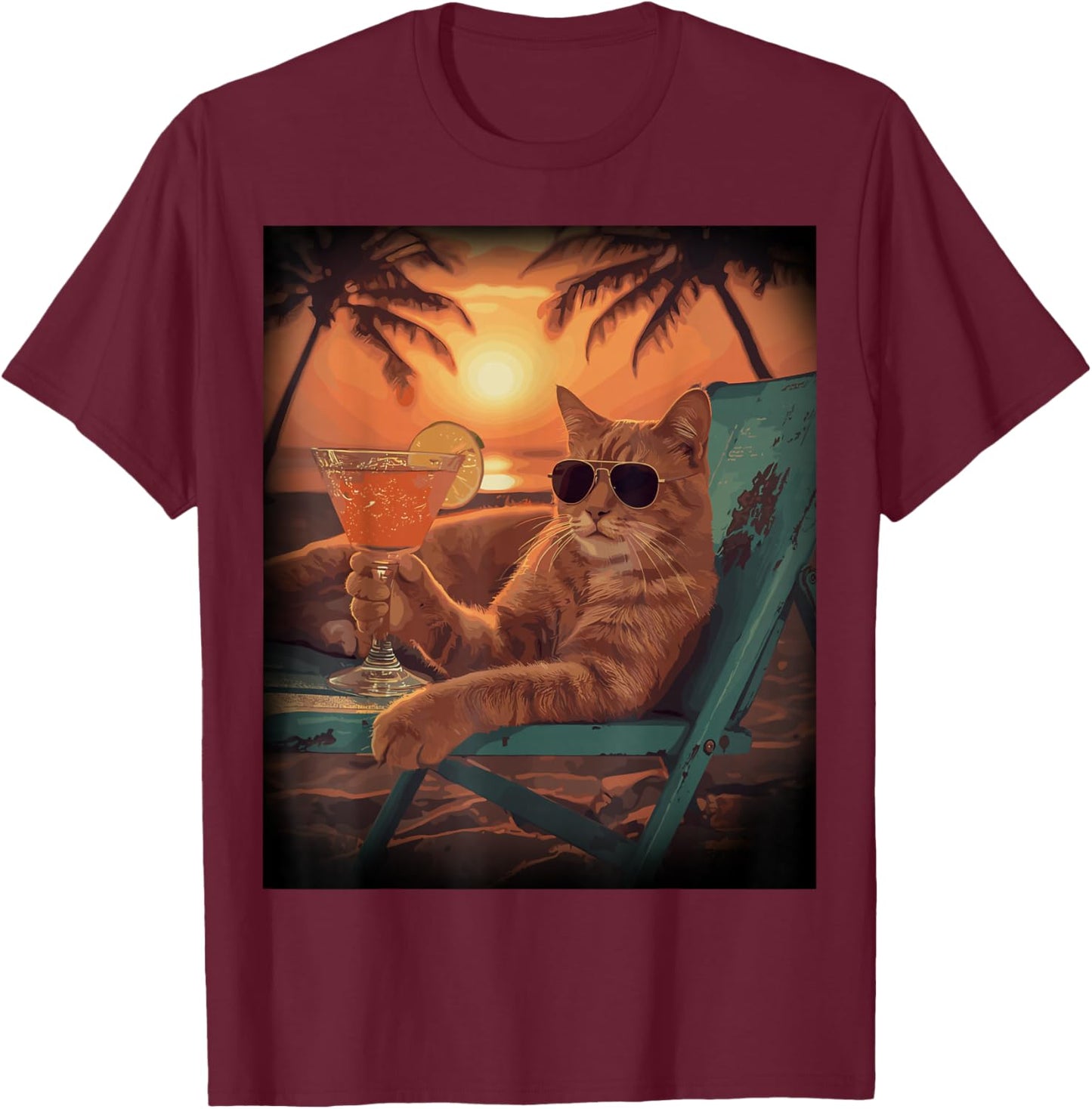 Chillin Cat Vacation Sun Glasses Beach Palm Tree T-Shirt - T-Shirt | Maroon