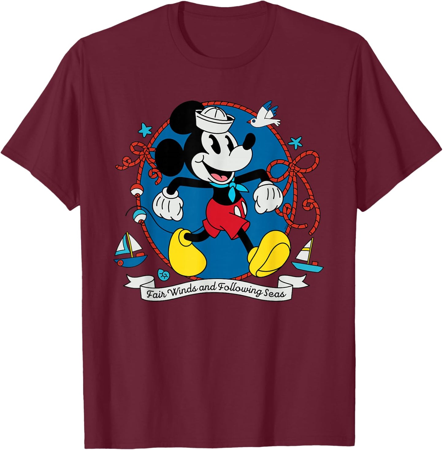 Disney Cruise Sailor Mickey Mouse Fair Winds Vacation at Sea T-Shirt - T-Shirt | Maroon