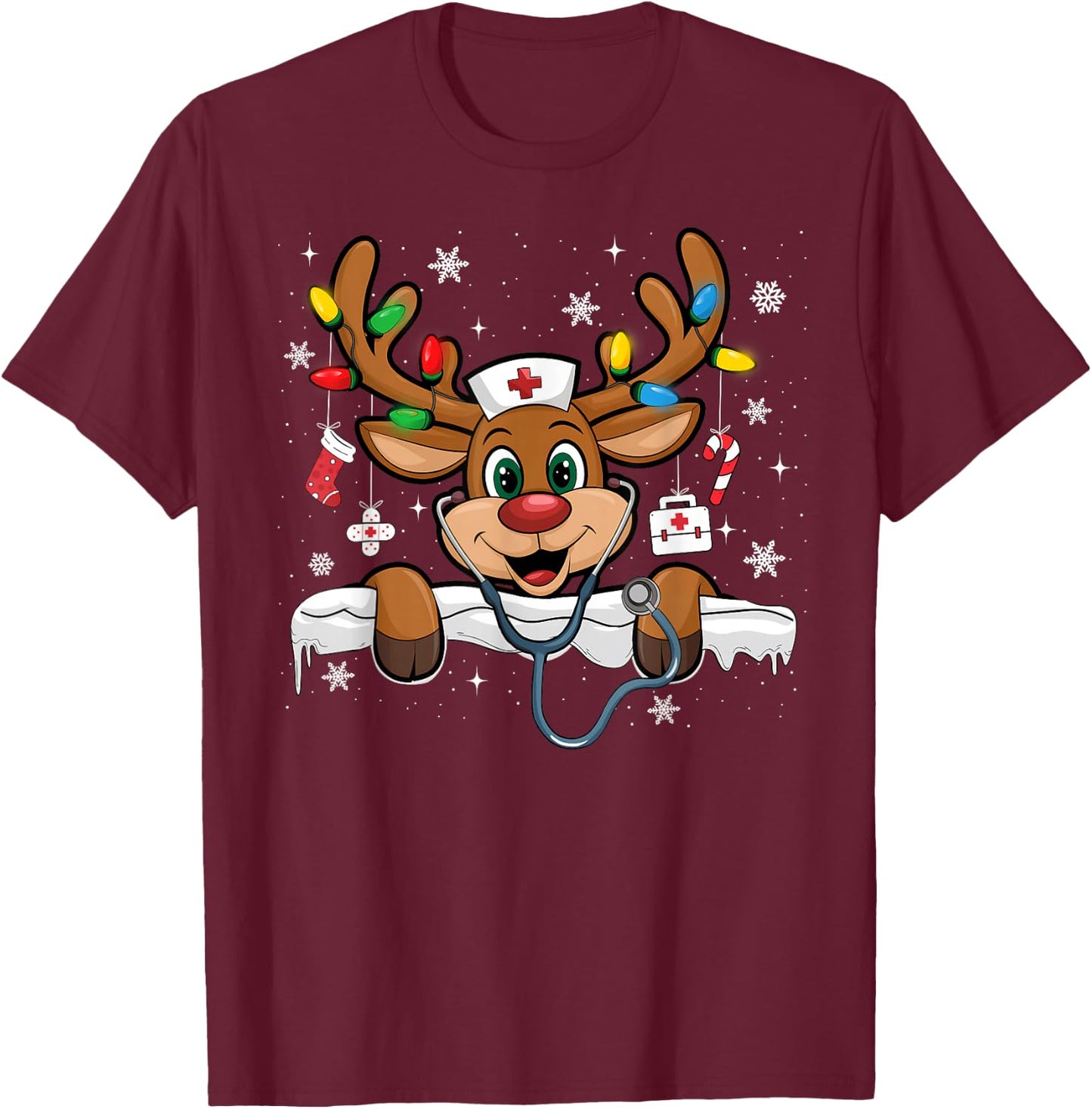Nurse Christmas Reindeer Nursing NICU RN LPN Scrub T-Shirt - T-Shirt | Maroon