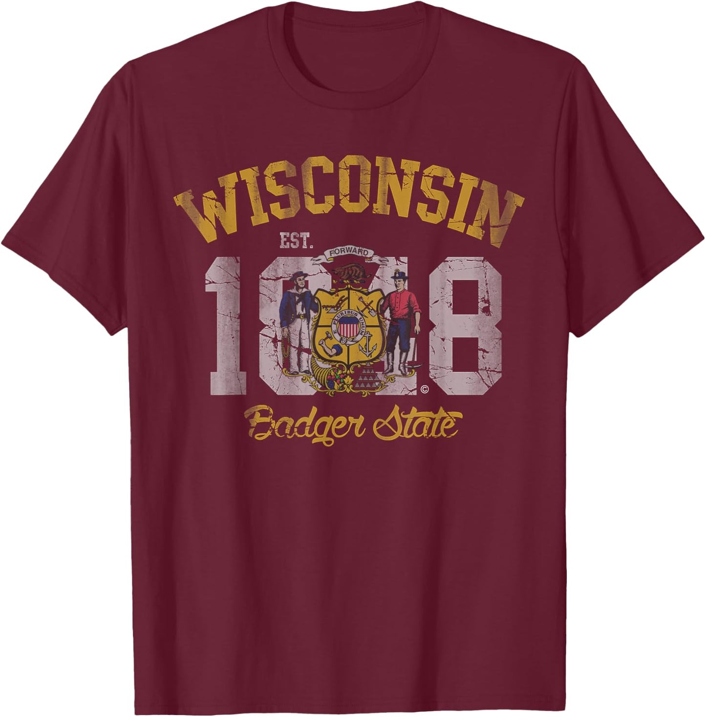 Wisconsin Badger State Flag Vintage Fade T-Shirt - T-Shirt | Maroon