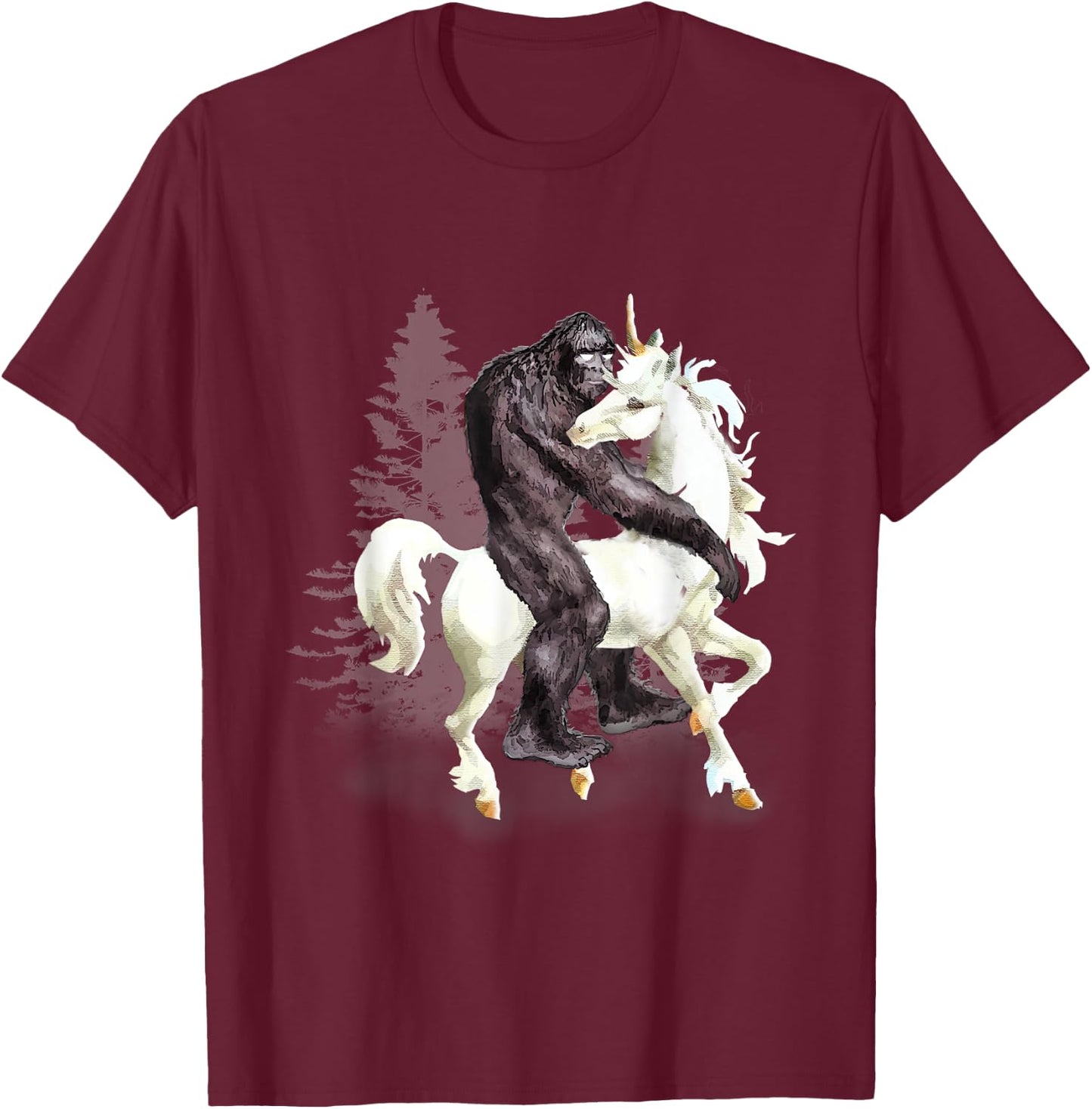 Bigfoot Sasquatch Riding Unicorn Funny Cute Gift T-Shirt - T-Shirt | Maroon