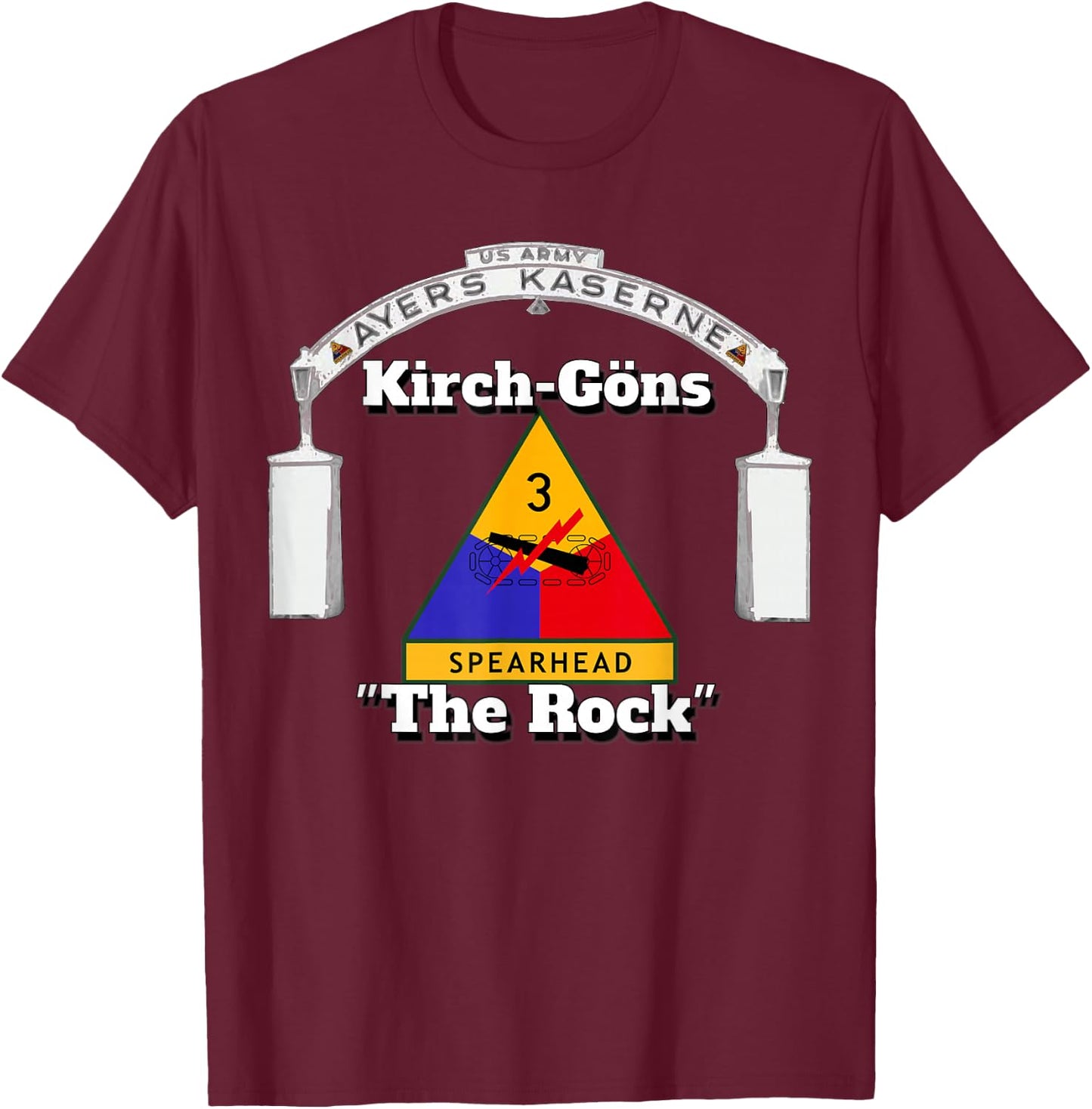Ayers Kaserne - Kirch-Goens - 3rd Armored Division print T-Shirt - T-Shirt | Maroon