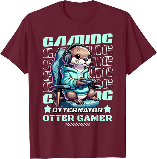 Cute Gaming Otter Gamer Video Game For Kids Boys Men T-Shirt - T-Shirt | Maroon