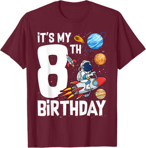 Outer Space 8 Year Old 8th Birthday Party Boys Girls T-Shirt - T-Shirt | Maroon