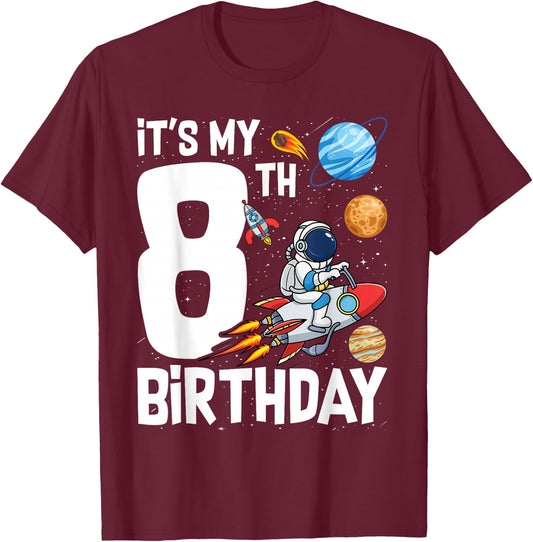Outer Space 8 Year Old 8th Birthday Party Boys Girls T-Shirt - T-Shirt | Maroon
