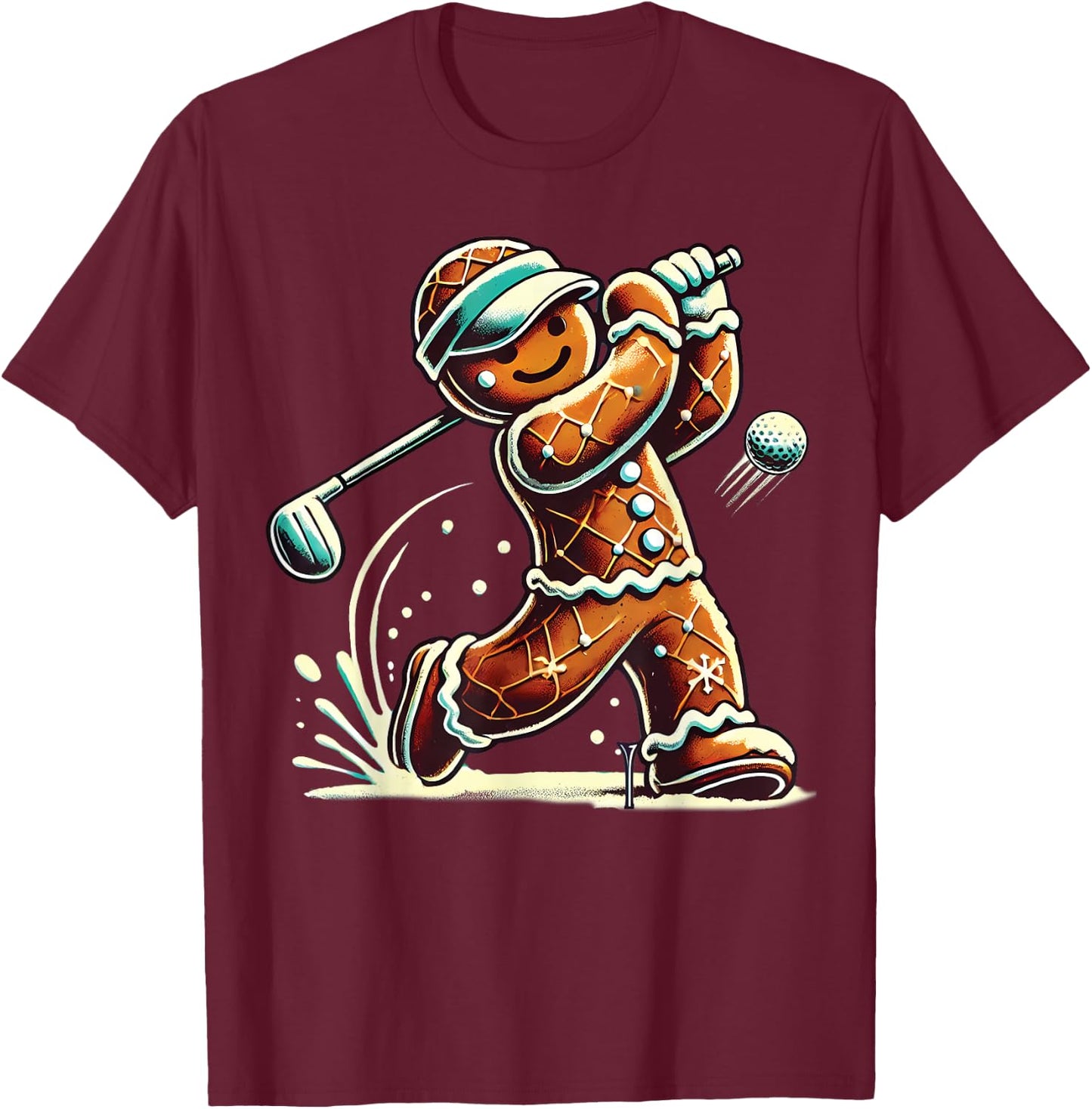 Gingerbread Playing Golf ball Christmas Golf lover Xmas T-Shirt - T-Shirt | Maroon