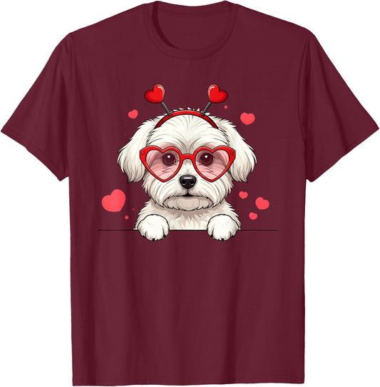 Maltese Dog Heart Headband Valentine Maltese T-Shirt - T-Shirt | Maroon