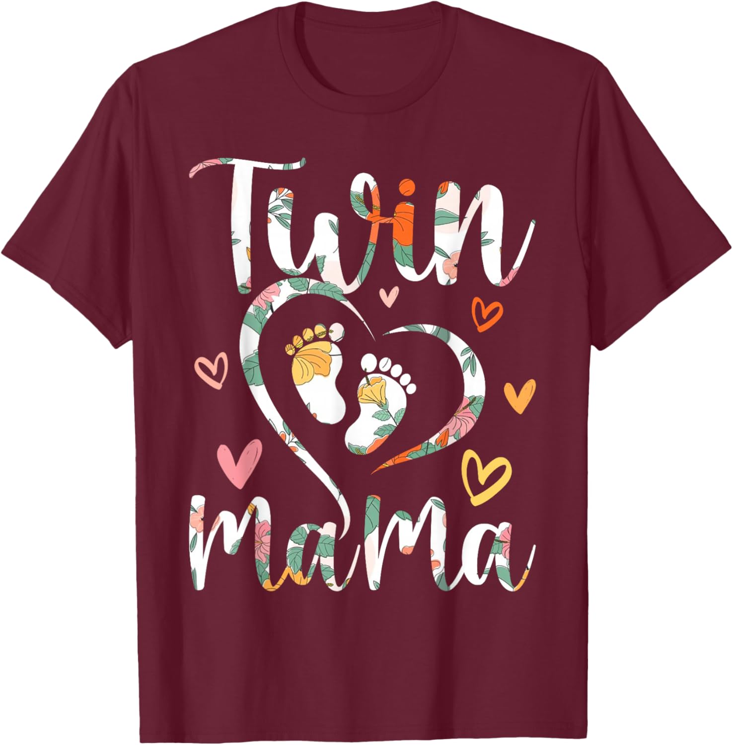 Floral Twin Mama Mom to Be Pregnant with Twins T-Shirt - T-Shirt | Maroon