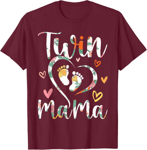 Floral Twin Mama Mom to Be Pregnant with Twins T-Shirt - T-Shirt | Maroon