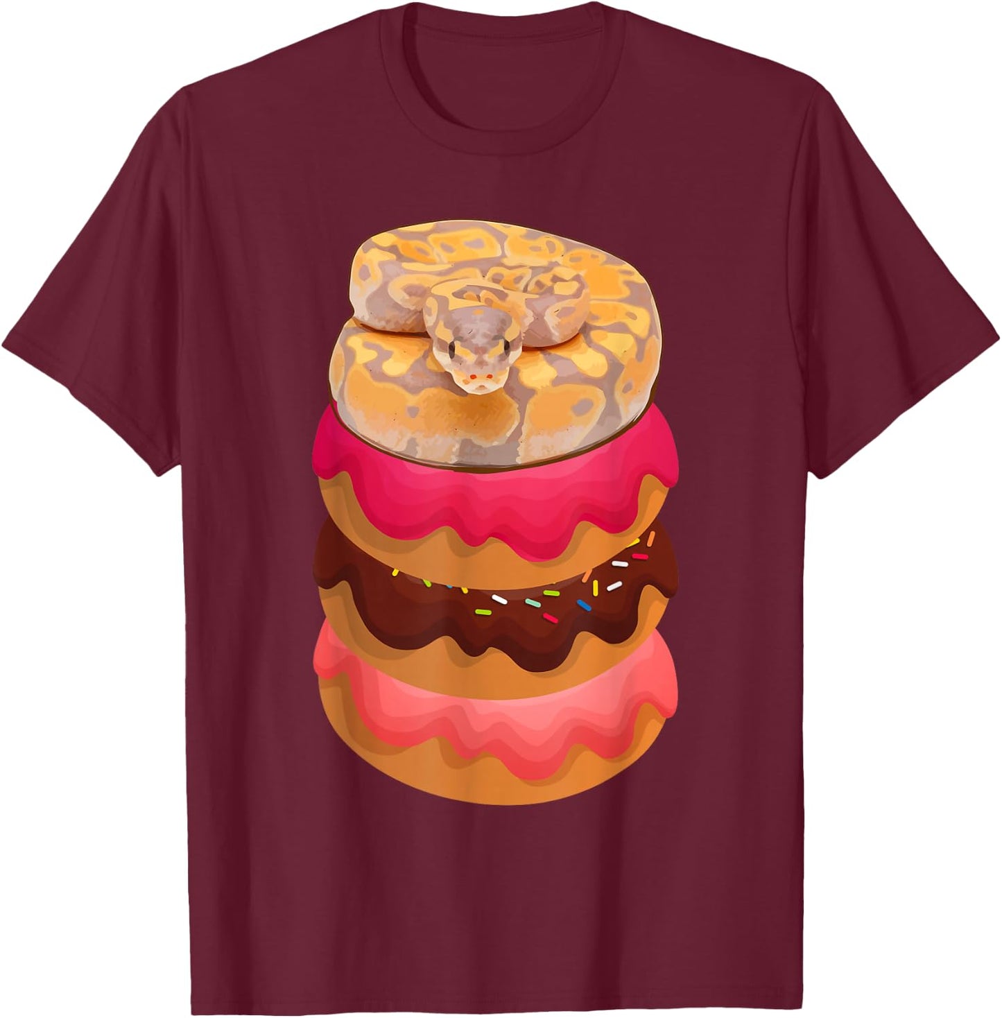 Ball Python Snake Reptile on Doughnuts Donuts Herpetologists T-Shirt - T-Shirt | Maroon