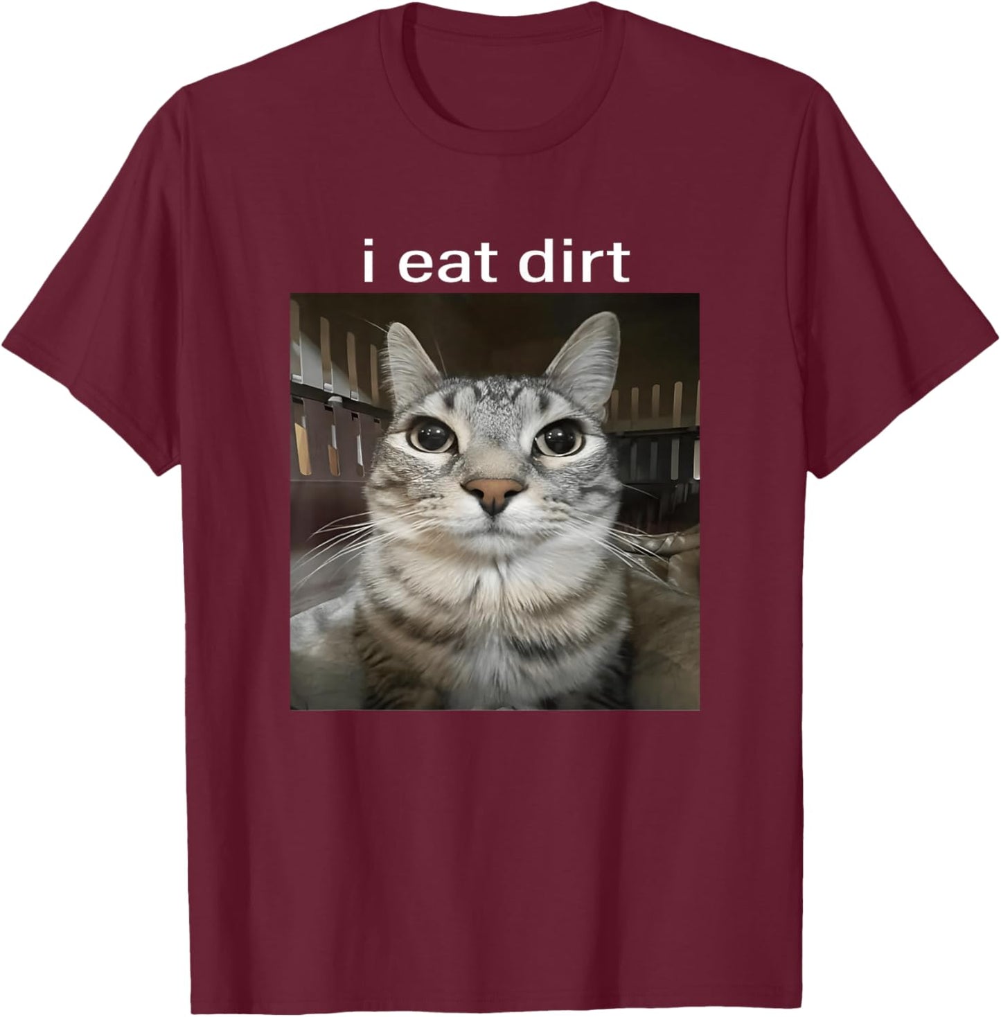 I Eat Dirt Staring Cat Funny Cursed Meme Brainrot Silly T-Shirt - T-Shirt | Maroon