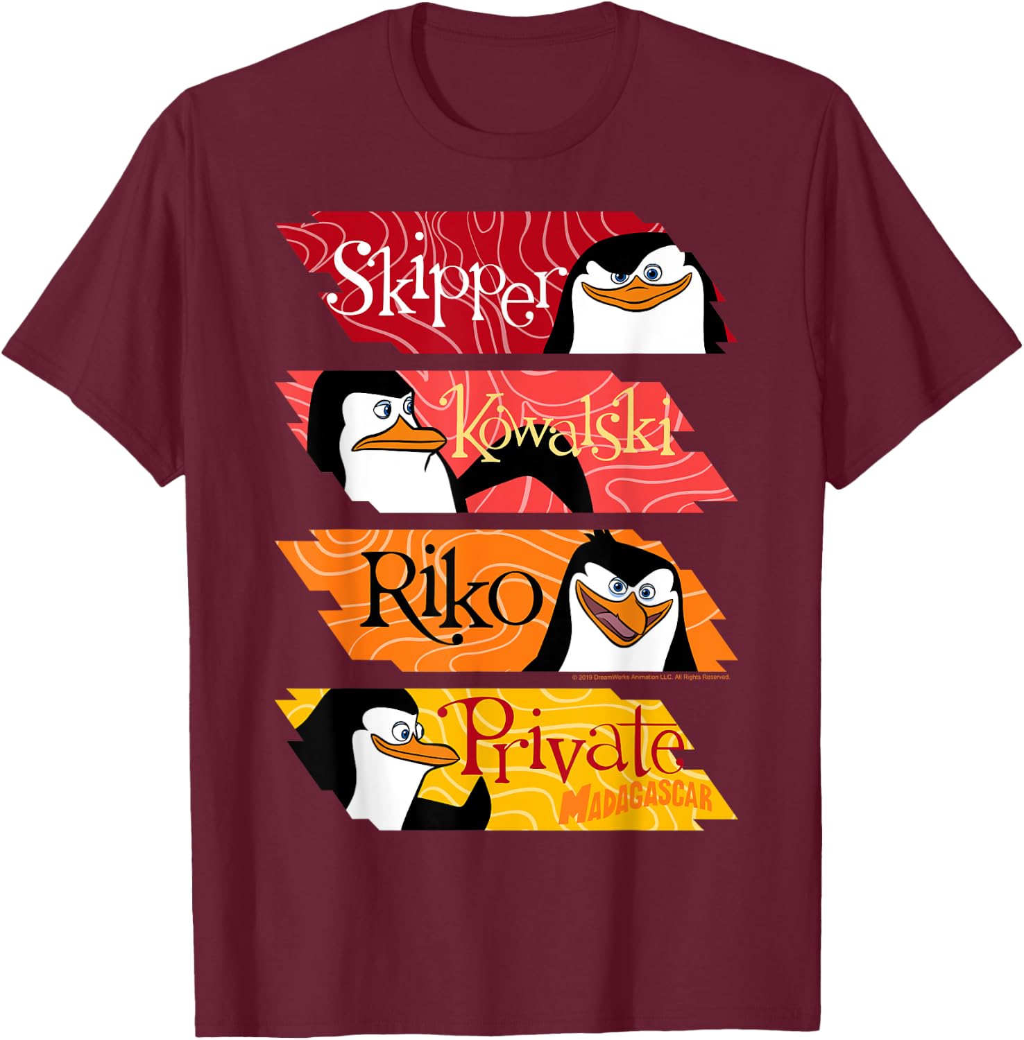 Madagascar Penguins Name Panels Poster T-Shirt - T-Shirt | Maroon