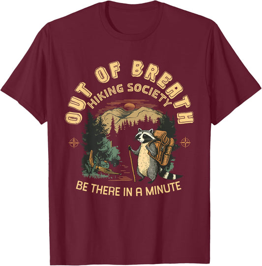 Out of Breath Hiking Society Nature Love Raccoon T-Shirt - T-Shirt | Maroon