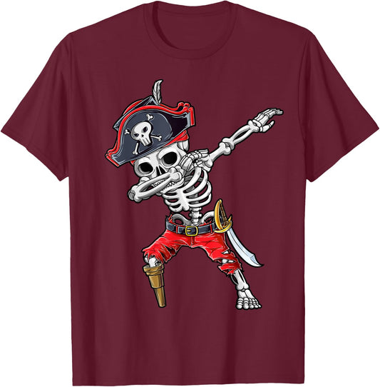 Dabbing Skeleton Pirate T Shirt Halloween Kids Jolly Roger T-Shirt - T-Shirt | Maroon