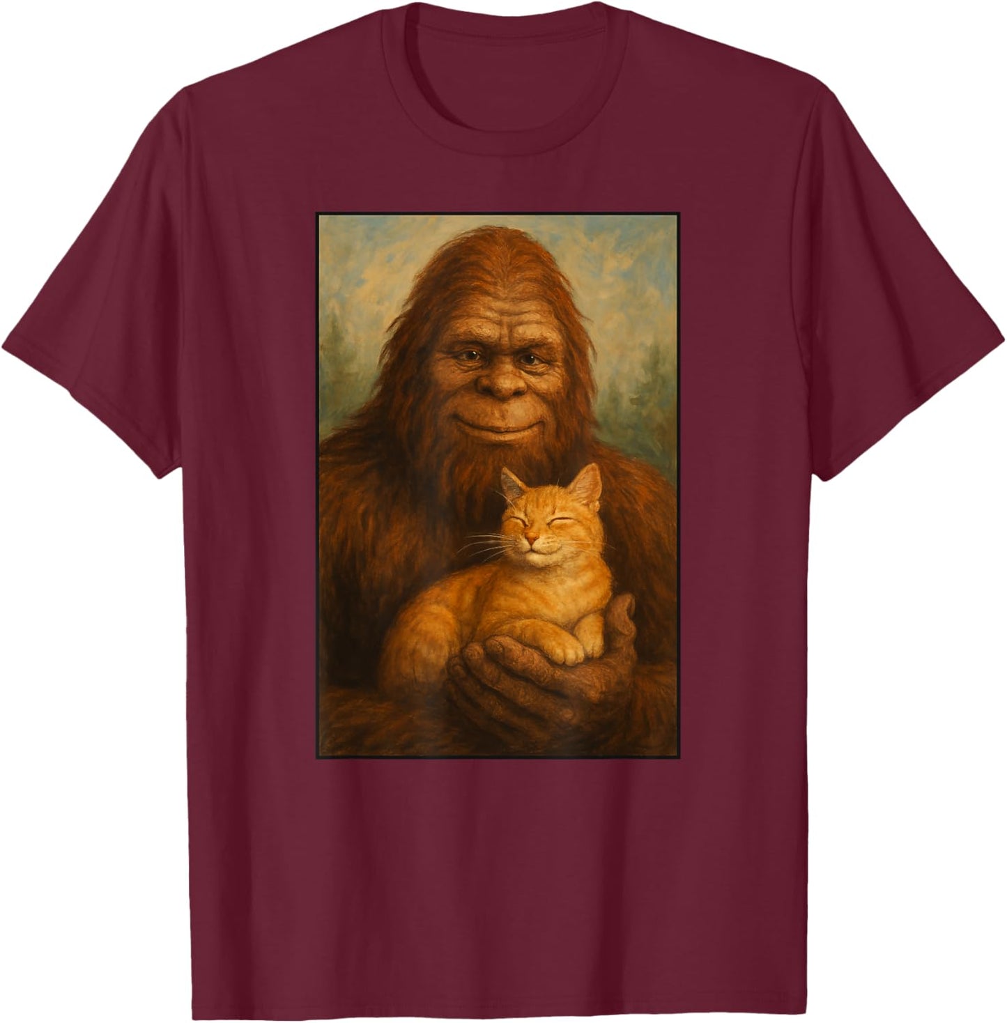 Bigfoot Orange Cat Painting Art Sasquatch Men Women Kids T-Shirt - T-Shirt | Maroon