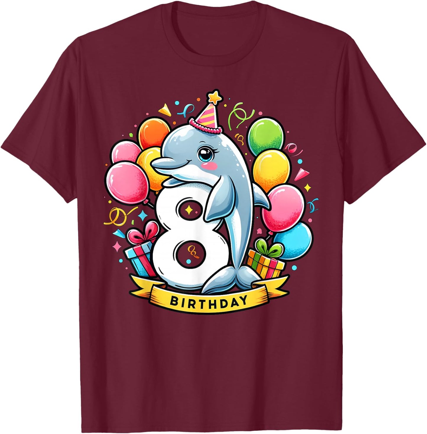 Dolphin 8th birthday boy girl 8 years old eight Dolphin T-Shirt - T-Shirt | Maroon