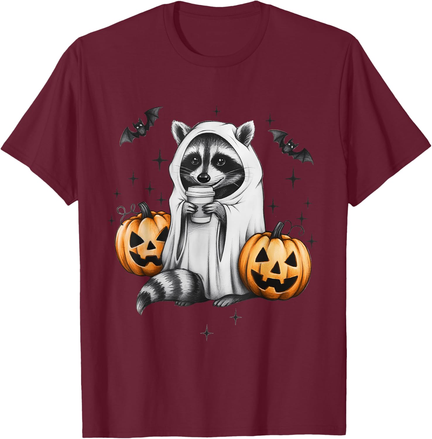 Cute Ghost Raccoon Pumpkin Halloween Raccoon T-Shirt - T-Shirt | Maroon