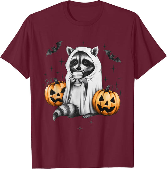 Cute Ghost Raccoon Pumpkin Halloween Raccoon T-Shirt - T-Shirt | Maroon