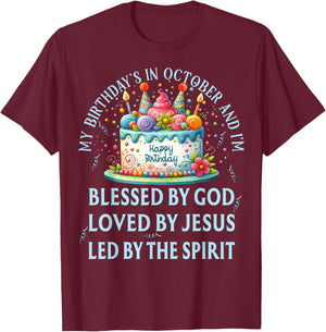 Blessed By God October Happy Birthday Cake T-Shirt - T-Shirt | Maroon