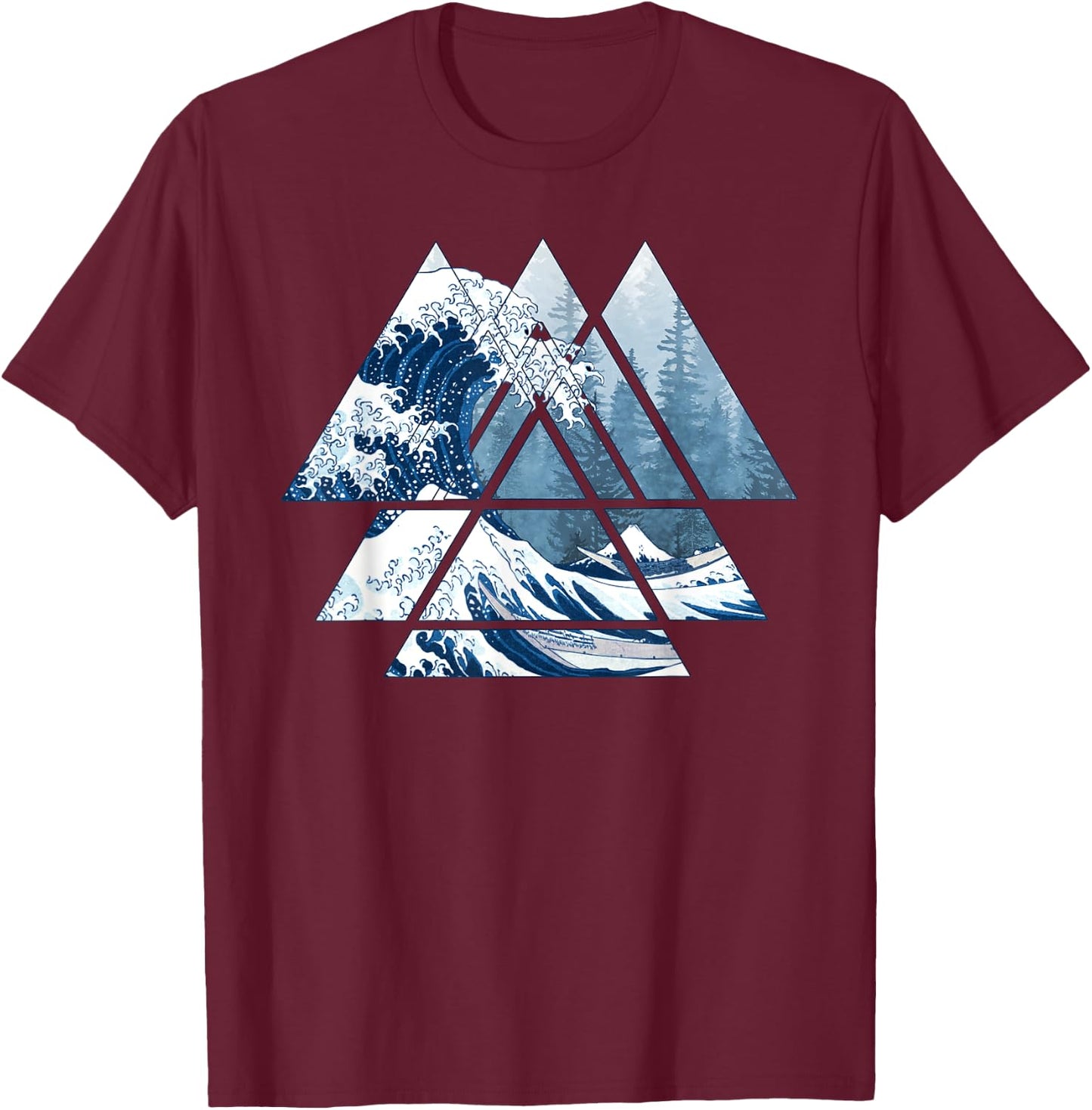 The Great Sacred Geometry Triangles - Misty Forest Wave T-Shirt - T-Shirt | Maroon