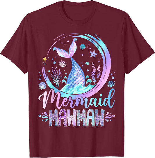 Mermaid Mawmaw Family Matching Girl Birthday Party T-Shirt - T-Shirt | Maroon