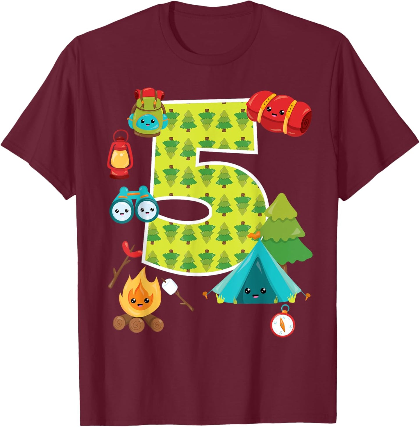 Camping Backyard Sleepover 5 Year Old 5th Birthday Party T-Shirt - T-Shirt | Maroon