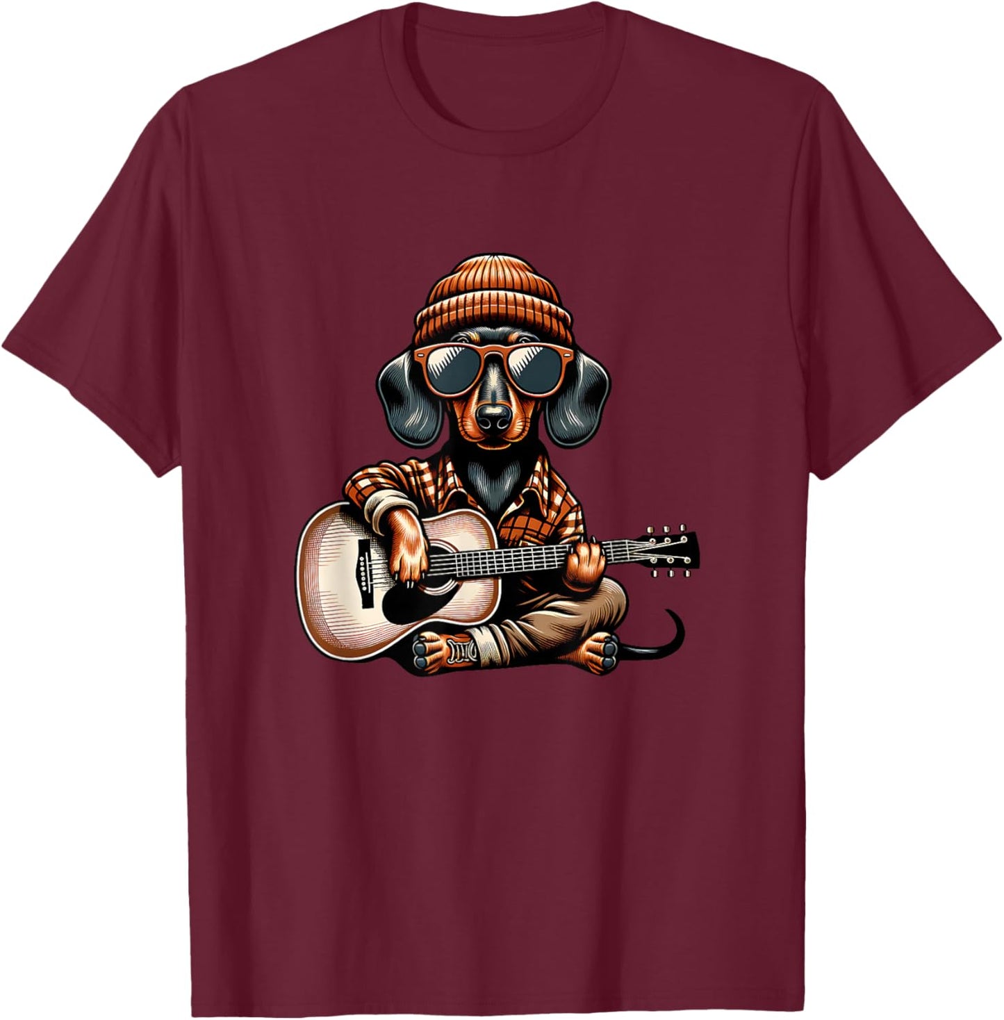 Cool Dachshund Playing Acoustic Guitar with Sunglasses T-Shirt - T-Shirt | Maroon