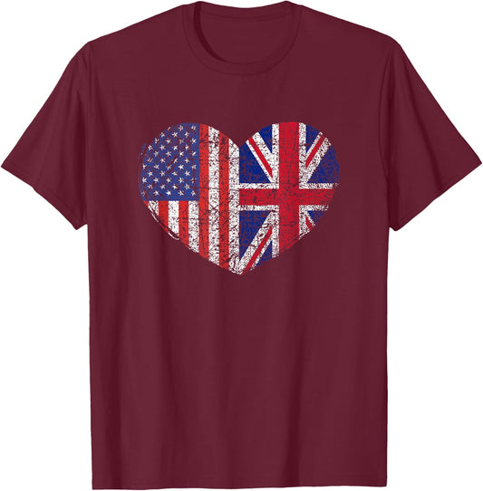 USA United Kingdom Heart - Dual Citizenship Flag Gift T-Shirt - T-Shirt | Maroon