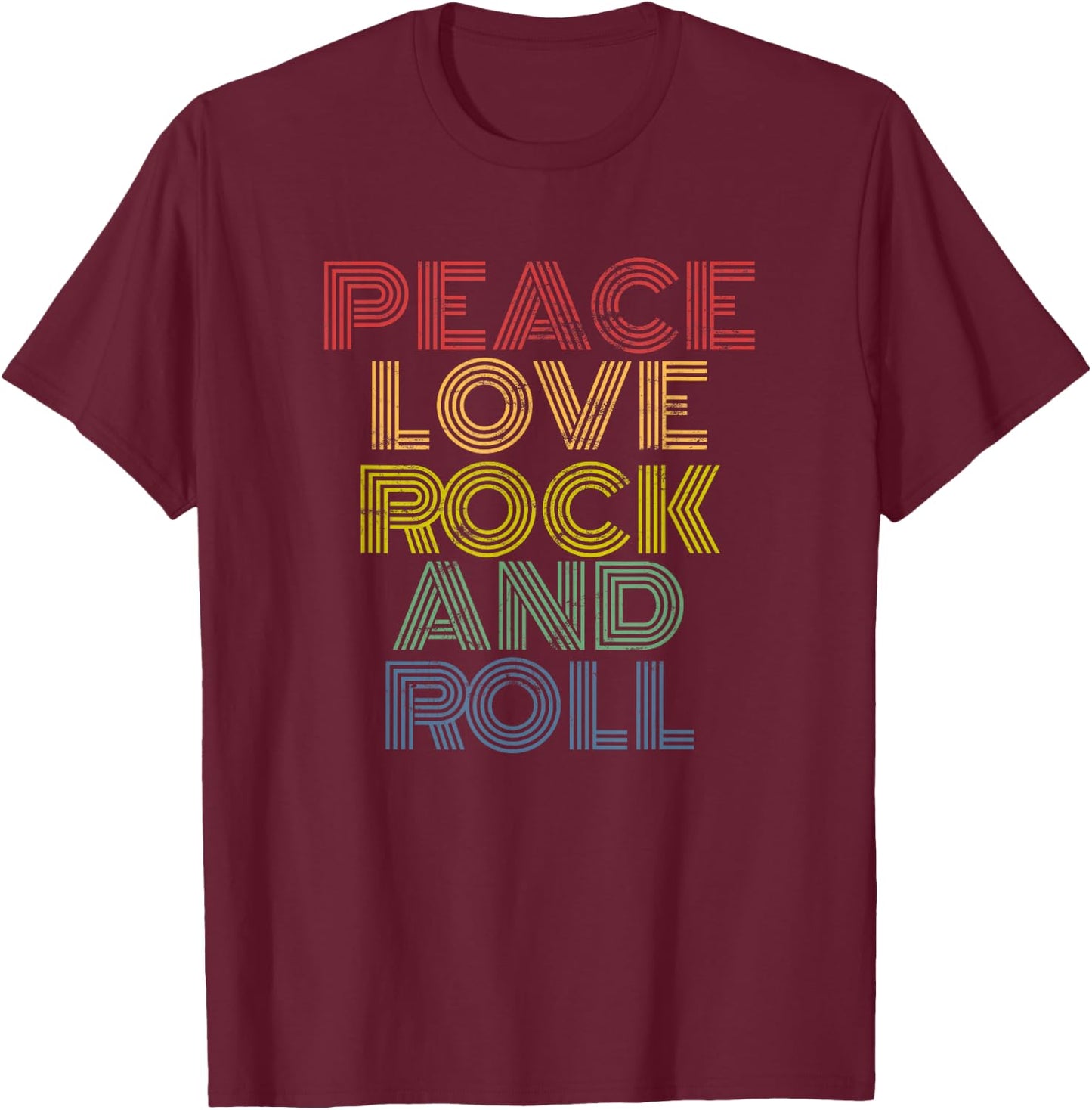 Peace Love Rock'n'Roll Distressed Rock Concert T-Shirt - T-Shirt | Maroon