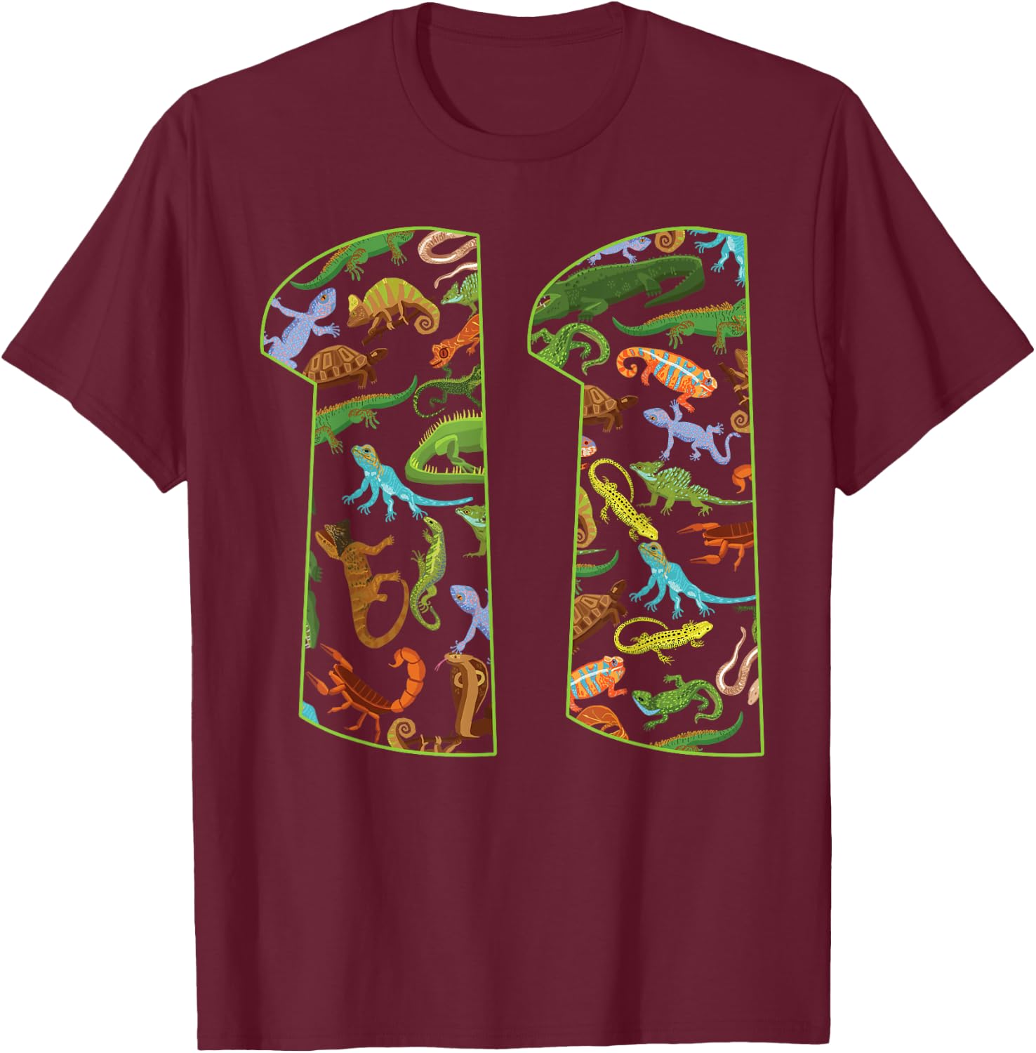 Cool 11 Reptile Theme 11th Birthday Party 11 Years Old T-Shirt - T-Shirt | Maroon