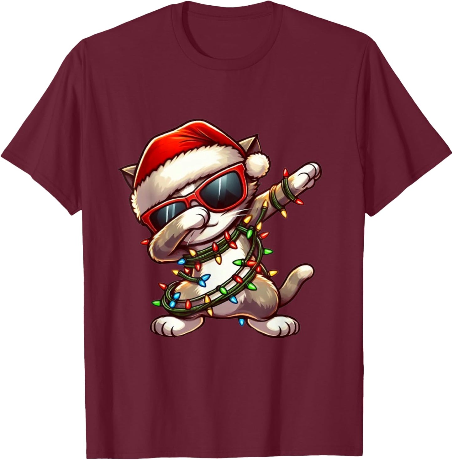 Funny Christmas Cat Dabbing Cute Meowy Xmas Men Women Cat T-Shirt - T-Shirt | Maroon