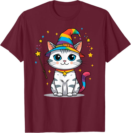 Cute Kawaii Wizard Cat Rainbow Witch Magic T-Shirt - T-Shirt | Maroon