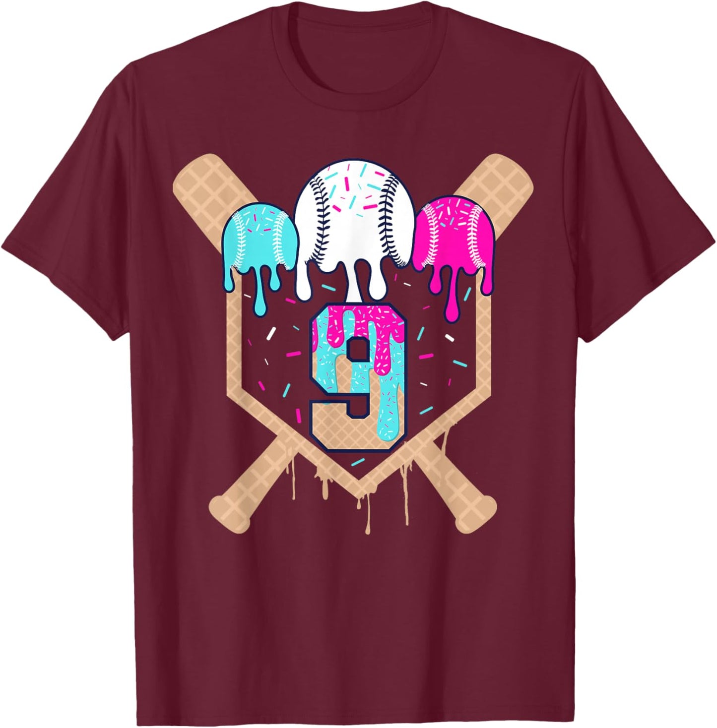 Baseball 9 Year Old Ice Cream Drip 9th Birthday Boy Number 9 T-Shirt - T-Shirt | Maroon