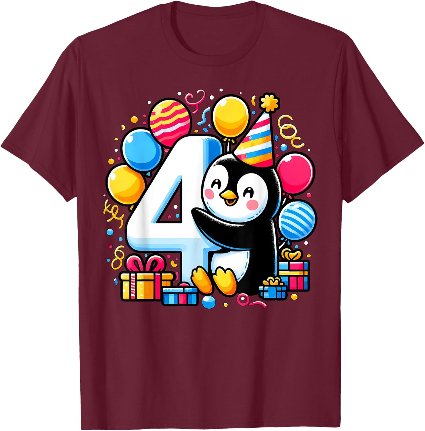 Penguin 4th birthday boy girl 4 year old fourth four Penguin T-Shirt - T-Shirt | Maroon